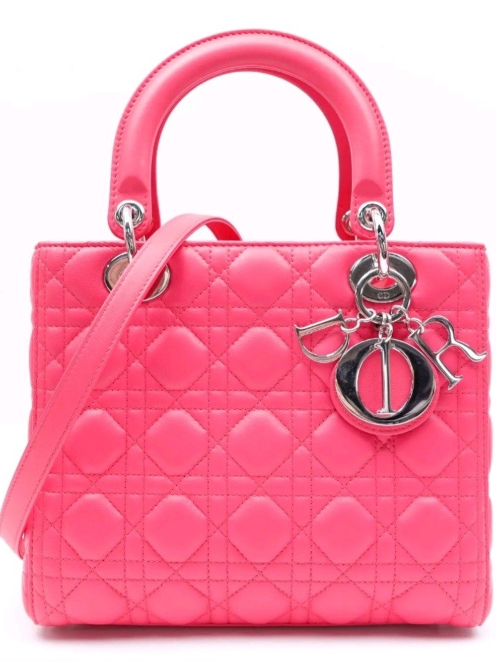 Dior Hot Pink Quilted Lady Dior Satchel with Silver Charm